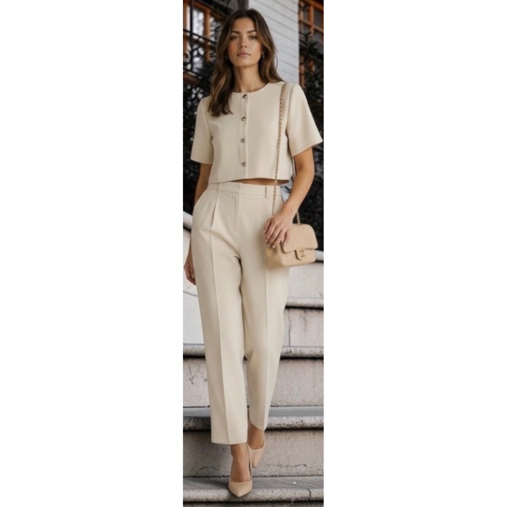 Amanda Uprichard Finley XS Beige Short Sleeve Cropped Button Front Top NWT